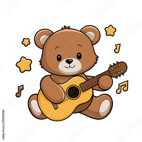 Cute Teddy Bear Playing Guitar Vector with Musical Notes and Stars
