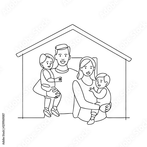 Happy Family with Two Children Embracing in House Line Art Vector Illustration