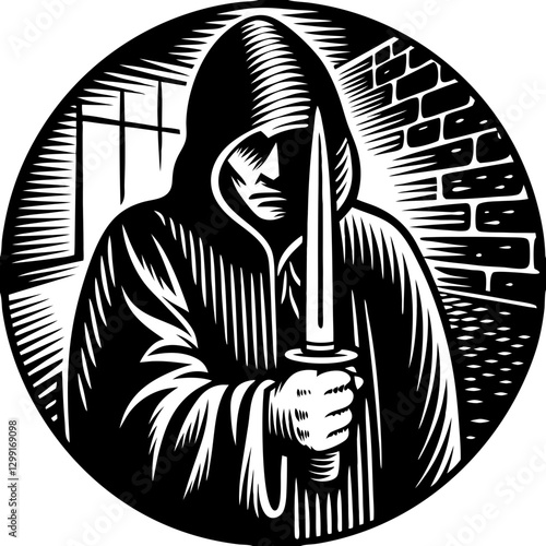 Hooded Figure Holding Knife in Alleyway Vector Illustration for Dark Themes