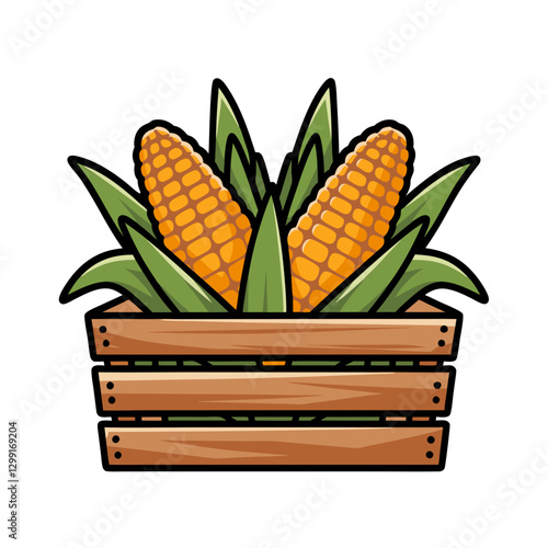 Fresh Corn Cobs in Wooden Crate Vector Illustration for Agriculture Themes