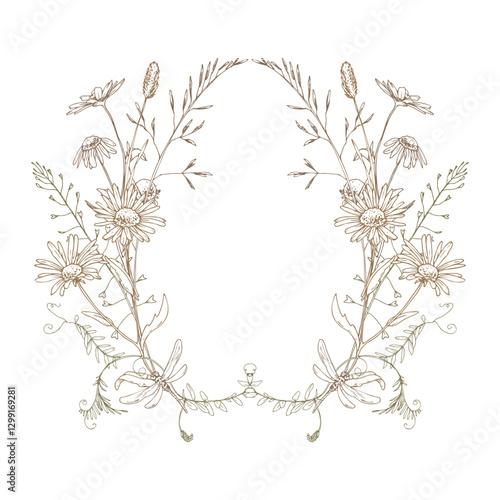 Field, meadow, wild flowers and herbs chamomile, meadow bluegrass and dragonfly. Line art is a simple hand-drawn illustration in beige, ochre, brown ink. Circle wreath frame vector EPS