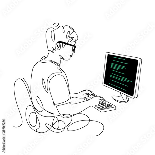 Programmer Working at Computer Line Art Vector Illustration