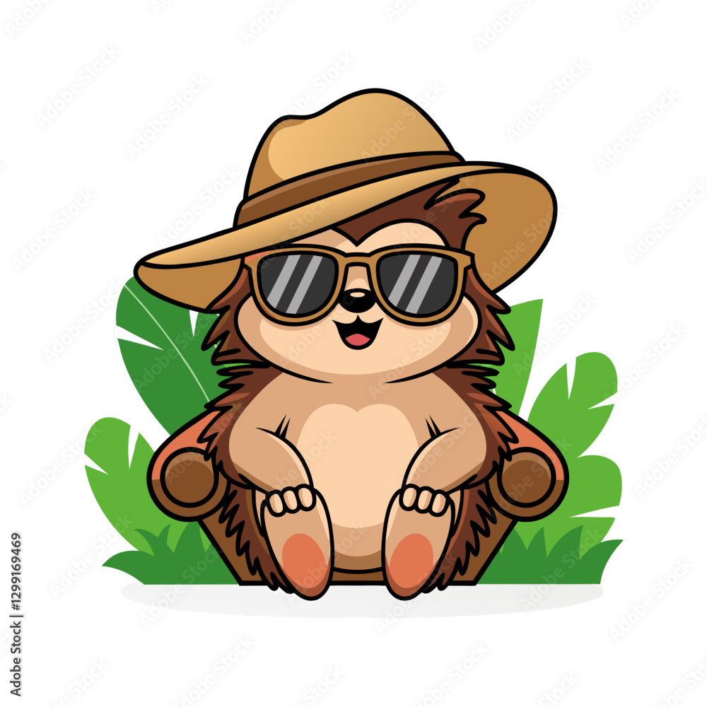Fototapeta premium Adorable Hedgehog Wearing Sunglasses and Hat Relaxing with Tropical Leaves Vector