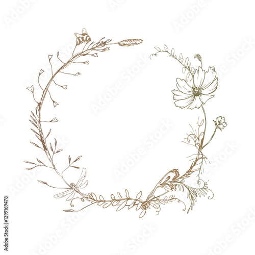 Field, meadow, wild flowers and herbs cosmos and other. Line art is a simple hand-drawn illustration in beige, ochre, brown ink. Circle wreath frame vector EPS