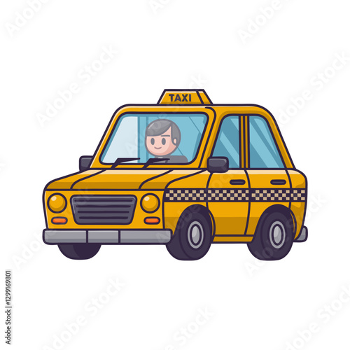 Cute Yellow Taxi Cartoon Vector with Smiling Driver for City Transport Illustration