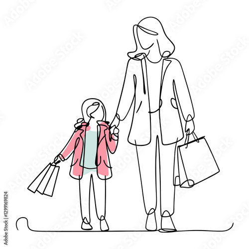 Continuous Line Art of Mother and Child Shopping Together with Shopping Bags
