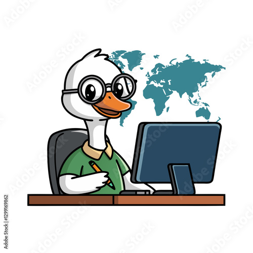 Cartoon Duck in Glasses Working at Computer with World Map Background