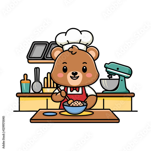 Cute Cartoon Bear Chef Baking in Kitchen Vector Illustration