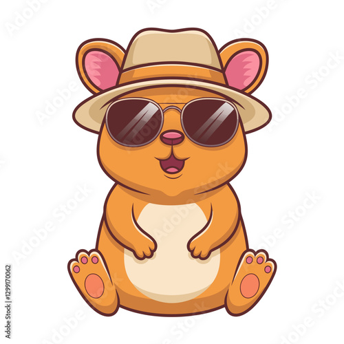 Cute Cartoon Hamster in Sunglasses and Hat Sitting Cheerfully