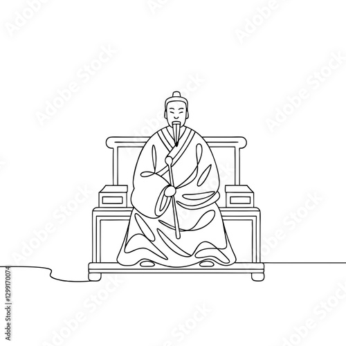 Ancient Asian Emperor Line Art Illustration Sitting on Throne with Traditional Robes and Staff