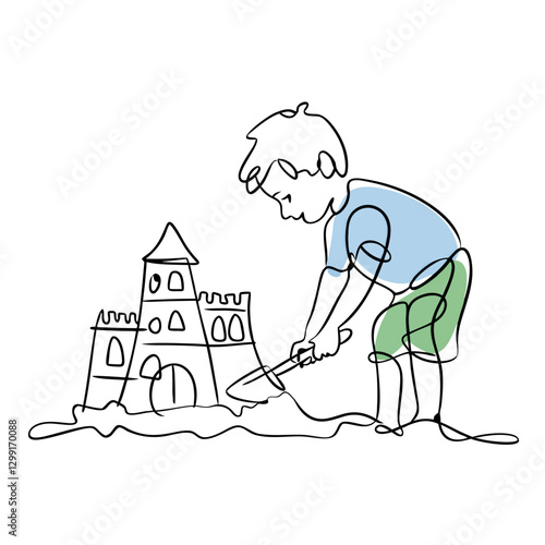 Child Building Sandcastle One Line Art Vector Illustration Summer Creativity