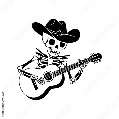 Skeleton Playing Guitar in Cowboy Hat Illustration for Day of the Dead Theme