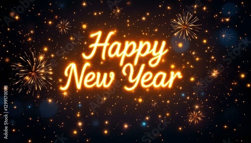 Glowing Happy New Year text, festive fireworks display, night sky, sparkling golden lights