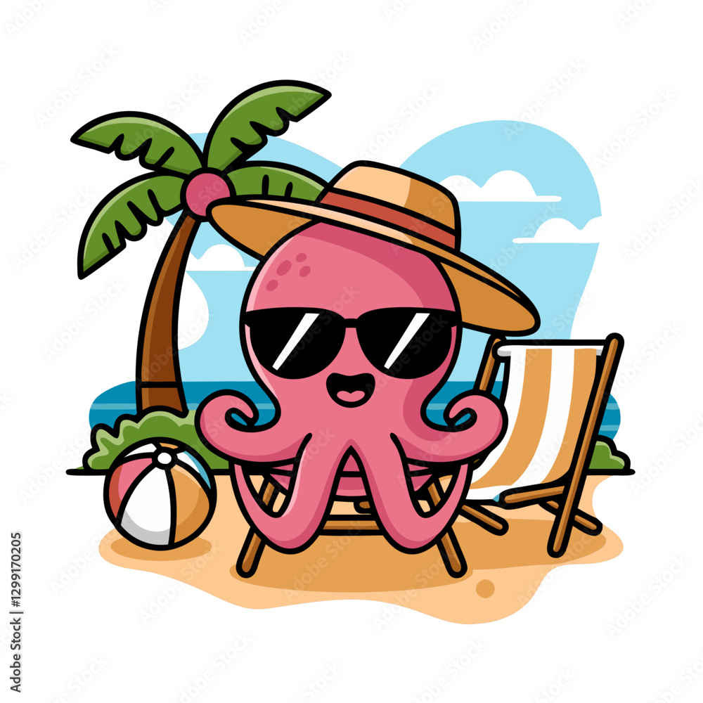 Obraz premium Cute Octopus Relaxing on Tropical Beach with Palm Trees and Beach Ball Vector
