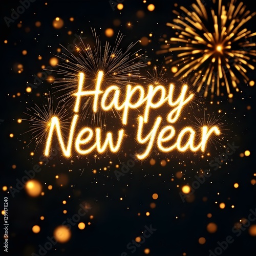 Glowing Happy New Year text, festive fireworks display, night sky, sparkling golden lights