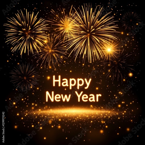 Wallpaper Mural Glowing Happy New Year text, festive fireworks display, night sky, sparkling golden lights Torontodigital.ca