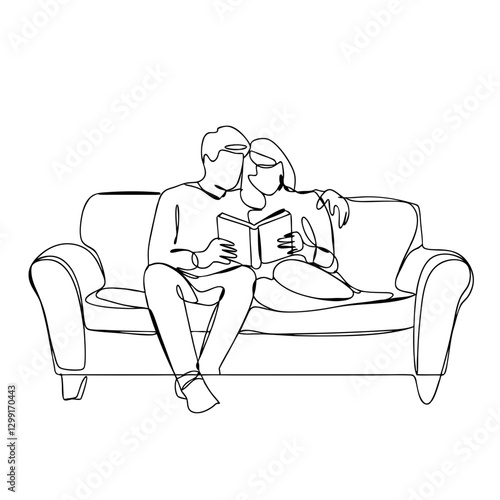 Couple Reading Together on Sofa Line Art Vector Illustration for Relaxation and Leisure