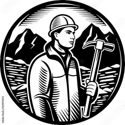 Geologist with Pickaxe Mountain Exploration Vintage Vector Illustration