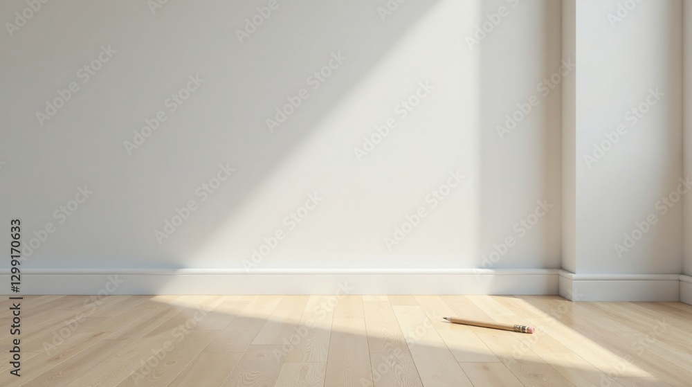 Empty Room with Wooden Floor and Single Pencil Suggests Potential and New Beginnings Empty Room with Wooden Floor and Single Pencil Suggests Potential and New Beginnings
