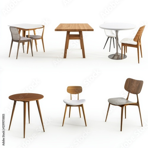Modern Dining Room Furniture: Tables and Chairs in Various Styles on a Clean White Background