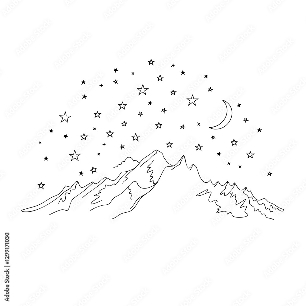 Obraz premium Mountain Range Stars Night Sky Vector Art Celestial Moon Landscape Illustration