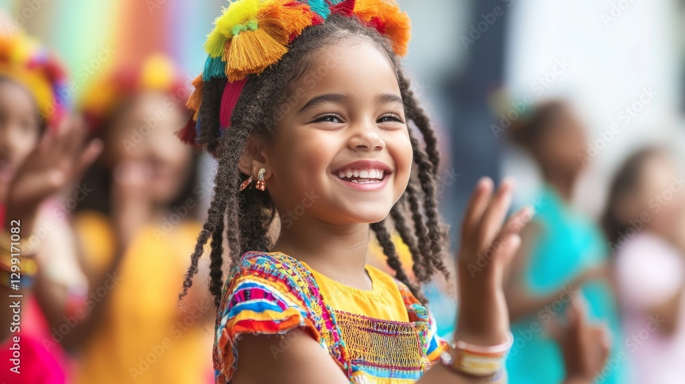 Fototapeta premium Joyful young girl in colorful traditional attire dances at a vibrant cultural festival outdoors