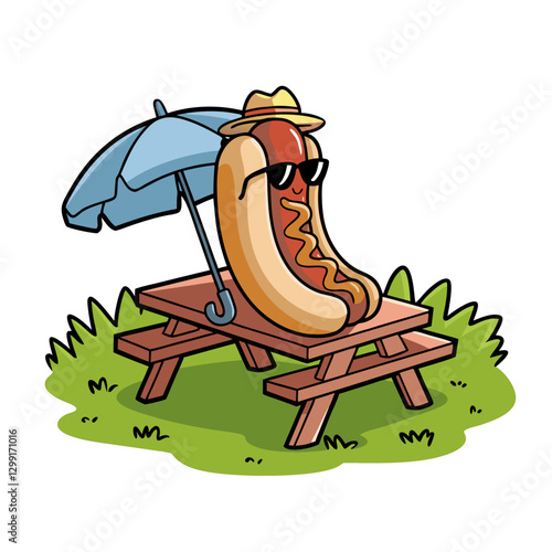 Cool Hotdog Relaxing Under Umbrella on Picnic Table Cartoon Vector