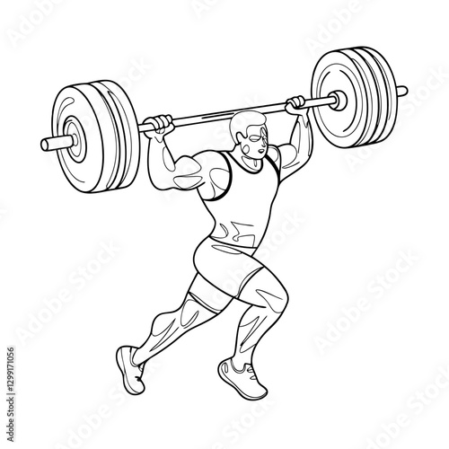 Weightlifting Athlete Performing Clean and Jerk Vector Illustration