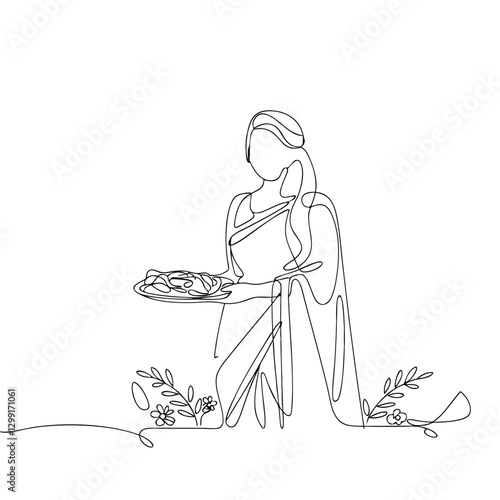 Line Art Woman in Traditional Dress Holding Food with Floral Elements