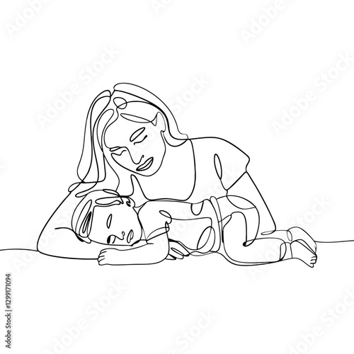 Mother and Child Sleeping Line Art Symbolizing Maternal Love and Bond