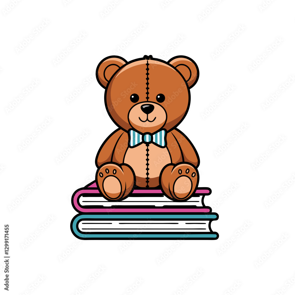 Obraz premium Cute Teddy Bear Sitting on Colorful Books with Bowtie Vector Illustration