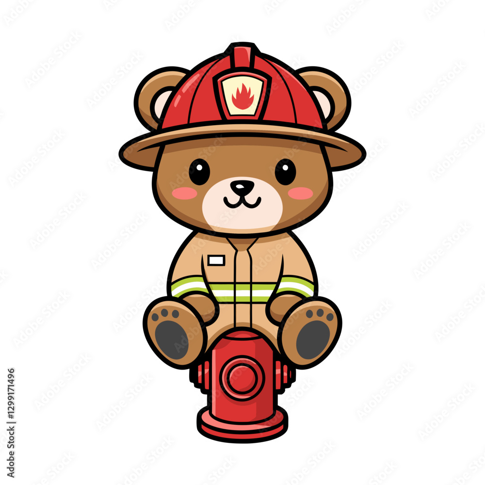 Fototapeta premium Adorable Firefighter Teddy Bear Sitting on Fire Hydrant Vector Illustration
