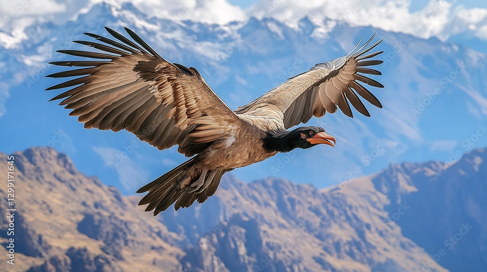 Naklejka premium Powerful Andean Condor gliding through the high altitude skies its massive wings outstretched the rugged Andean mountains stretching beneath it