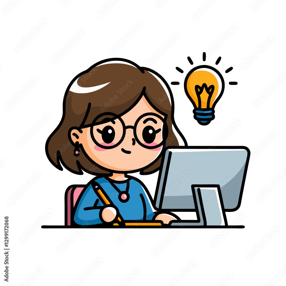 Cute Cartoon Girl Working at Computer with Lightbulb Idea Illustration Cute Cartoon Girl Working at Computer with Lightbulb Idea Illustration