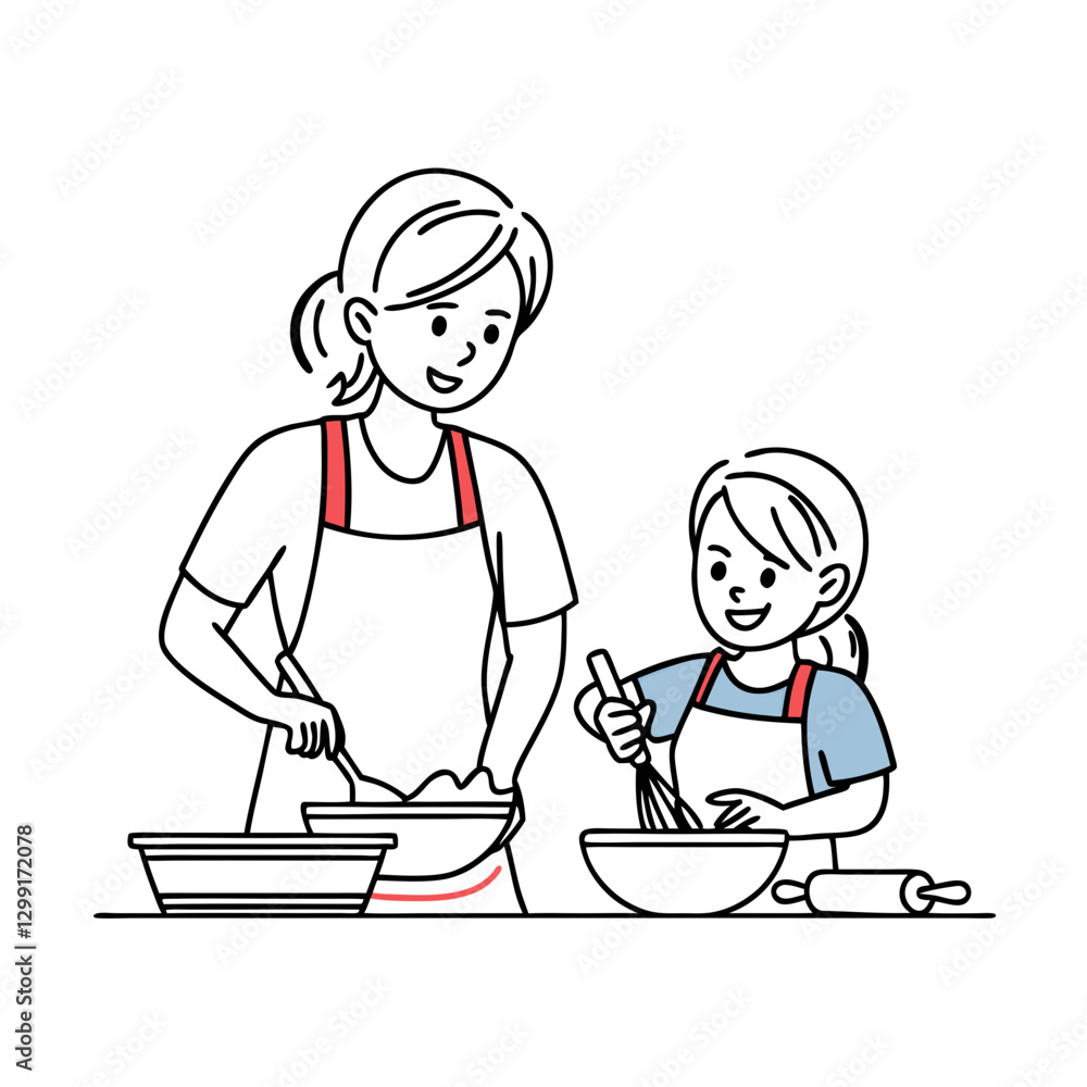 Mother and Daughter Baking Together Vector Illustration Family Cooking Activity