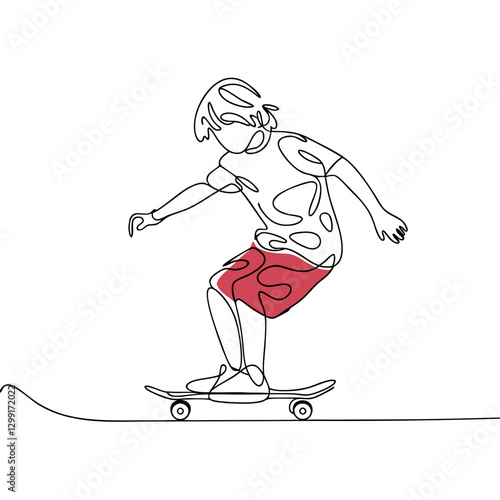 Line Art Skateboarder in Red Shorts Minimalist Vector Illustration for Youth Lifestyle