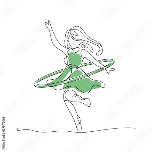 Continuous Line Art Dancing Woman with Hula Hoop Vector Illustration