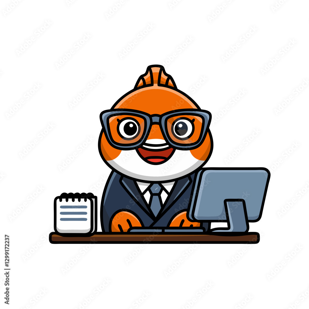 Obraz premium Cartoon Fish Businessman with Glasses Working at Desk