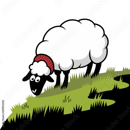 Cartoon Sheep Grazing on Green Hilltop Illustration Vector