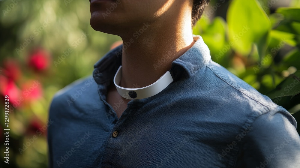 Fototapeta premium Man wearing a modern wearable device in a lush garden setting, surrounded by vibrant foliage