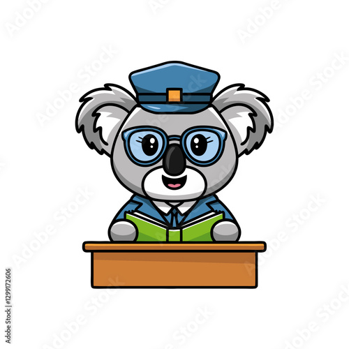 Cute Koala Police Officer Cartoon Reading at Desk Vector Illustration