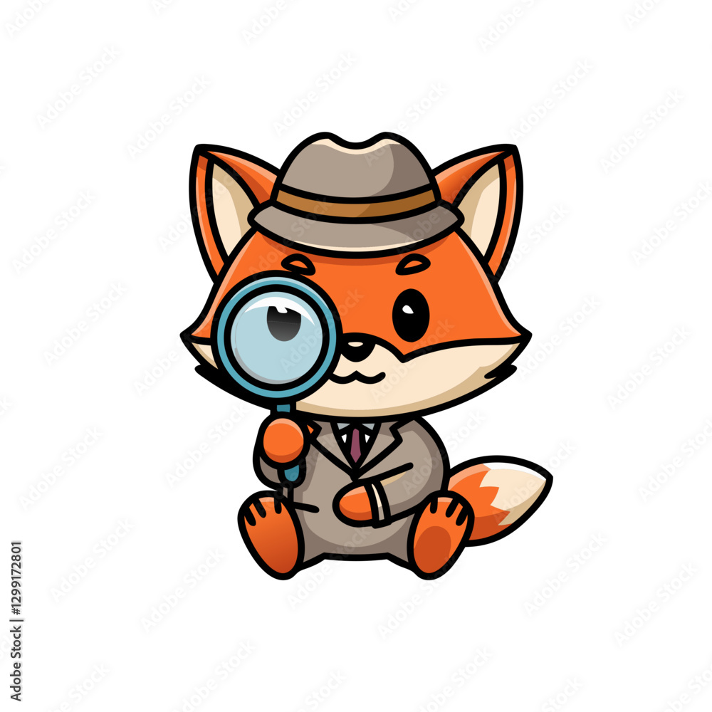 Fototapeta premium Detective Fox Cartoon Character with Magnifying Glass Vector Art