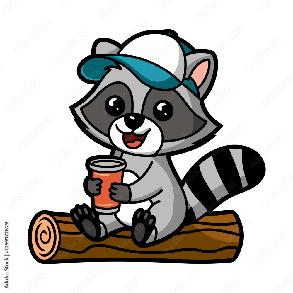 Fototapeta premium Cute Raccoon Sitting on Log Drinking from Cup Cartoon Vector Illustration