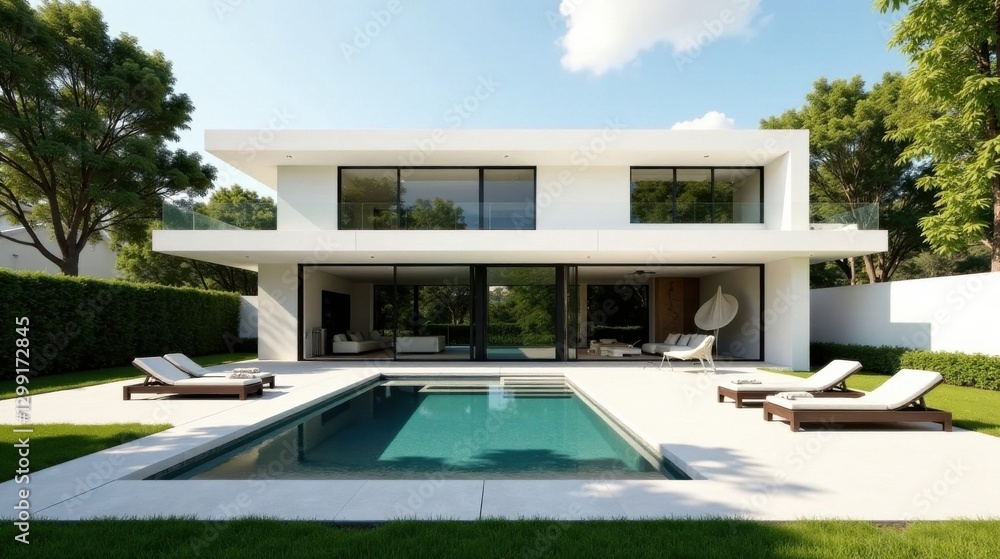 Fototapeta premium Modern Minimalist Two-Story Home with Private Pool and Lush Landscaping