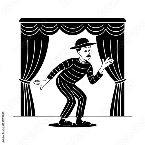 Classic Mime Performing on Stage Behind Curtains Vector Art