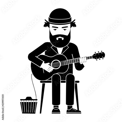 Bearded Musician Playing Acoustic Guitar with Amplifier Vector Illustration