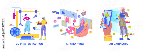 Cartoon Color 3D Printed Fashion, Ar Shopping and Garments Concept with Characters Flat Design Style. Vector illustration