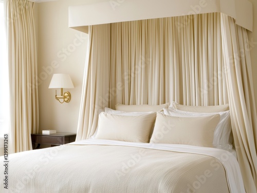 Wallpaper Mural A cozy bedroom with a neutral linen canopy bed, golden light sconces, and soft flowing silk curtains Torontodigital.ca