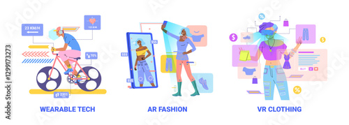 Cartoon Color Wearable Tech, Ar Fashion and Vr Clothing Concept Concept with Characters Flat Design Style. Vector illustration
