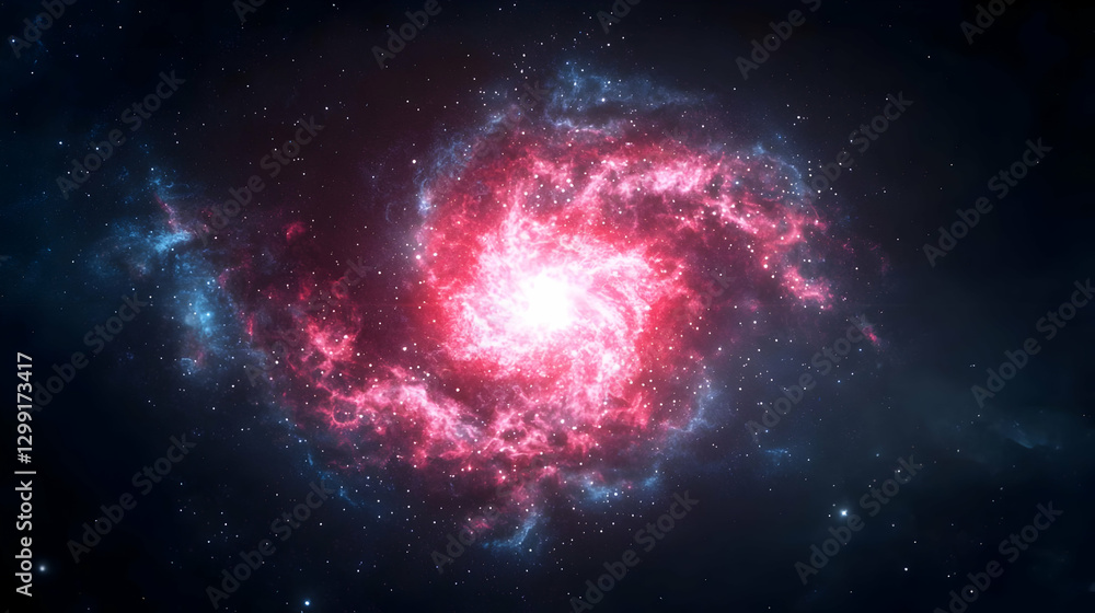 Fototapeta premium Spiral Galaxy Displaying Red And Blue Hues Against A Dark Black Space Background